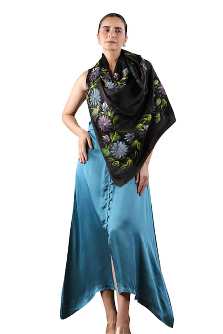 Geroo Jaipur Blue Satin, Silk Blooming Elegance Solid Asymmetric Dress With Handpainted Scarf at Aza Fashions Geroo Jaipur_Blue Satin, Silk Blooming Elegance Solid Asymmetric Dress With Handpainted Scarf _at_Aza_Fashions