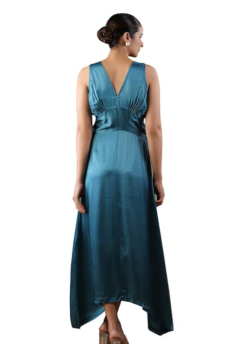 Buy Geroo Jaipur Blue Satin, Silk Blooming Elegance Solid Asymmetric Dress With Handpainted Scarf Buy_Geroo Jaipur_Blue Satin, Silk Blooming Elegance Solid Asymmetric Dress With Handpainted Scarf