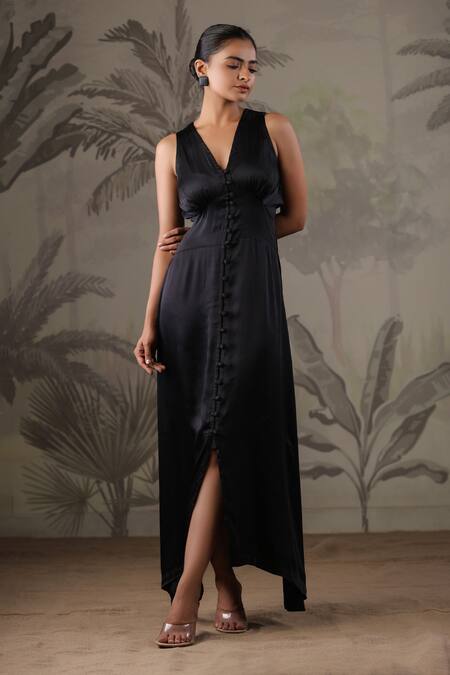 Geroo Jaipur Black Satin Blooming Elegance Asymmetric Solid Dress With Handpainted Scarf Online at Aza Fashions Geroo Jaipur_Black Satin Blooming Elegance Asymmetric Solid Dress With Handpainted Scarf _Online_at_Aza_Fashions