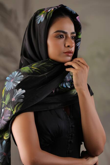 Shop Geroo Jaipur Black Satin Blooming Elegance Asymmetric Solid Dress With Handpainted Scarf Online at Aza Fashions Shop_Geroo Jaipur_Black Satin Blooming Elegance Asymmetric Solid Dress With Handpainted Scarf _Online_at_Aza_Fashions
