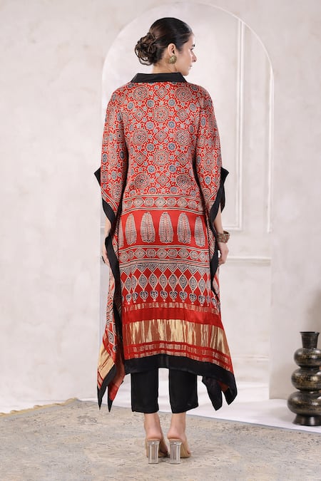 Shop Geroo Jaipur Red Silk Embroidery V-neck Block Print Kaftan With Pant at Aza Fashions Shop_Geroo Jaipur_Red Silk Embroidery V-neck Block Print Kaftan With Pant _at_Aza_Fashions