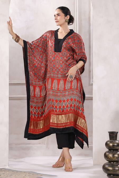 Buy Geroo Jaipur Red Silk Embroidery V-neck Block Print Kaftan With Pant Online at Aza Fashions Buy_Geroo Jaipur_Red Silk Embroidery V-neck Block Print Kaftan With Pant _Online_at_Aza_Fashions