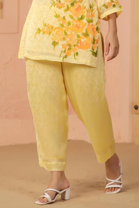 Geroo Jaipur Yellow Jacquard Embroidery Botanical Beauty Floral Handpainted Kurta With Pant Online at Aza Fashions Geroo Jaipur_Yellow Jacquard Embroidery Botanical Beauty Floral Handpainted Kurta With Pant _Online_at_Aza_Fashions