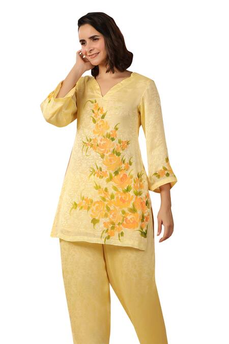 Buy Geroo Jaipur Yellow Jacquard Embroidery Botanical Beauty Floral Handpainted Kurta With Pant Online at Aza Fashions Buy_Geroo Jaipur_Yellow Jacquard Embroidery Botanical Beauty Floral Handpainted Kurta With Pant _Online_at_Aza_Fashions