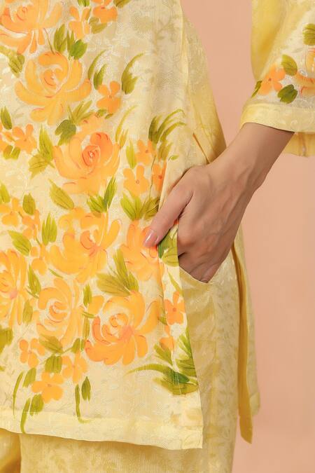 Shop Geroo Jaipur Yellow Jacquard Embroidery Botanical Beauty Floral Handpainted Kurta With Pant Online at Aza Fashions Shop_Geroo Jaipur_Yellow Jacquard Embroidery Botanical Beauty Floral Handpainted Kurta With Pant _Online_at_Aza_Fashions