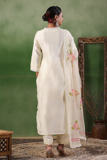 Geroo Jaipur Chanderi Floral Handpainted Kurta Pant Set 