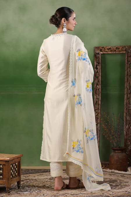 Geroo Jaipur Chanderi Handpainted Floral Kurta Pant Set 