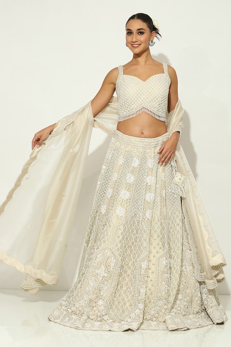 Vandana Sethi Ivory Silk , Pearls Sweetheart Meadow Embroidered Lehenga Set 