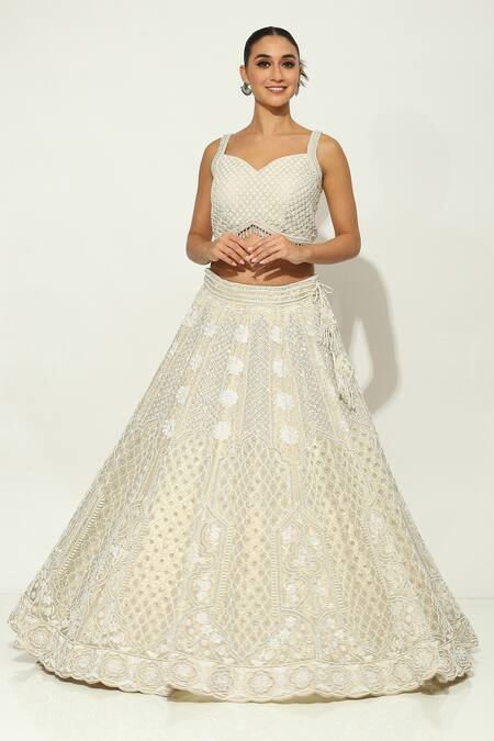 Vandana Sethi Ivory Silk , Pearls Sweetheart Meadow Embroidered Lehenga Set at Aza Fashions Vandana Sethi_Ivory Silk , Pearls Sweetheart Meadow Embroidered Lehenga Set _at_Aza_Fashions