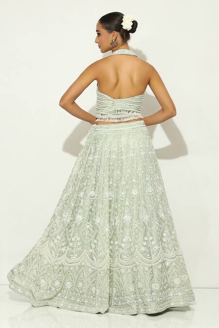 Vandana Sethi Green Organza Pearls Halter Neck Persian Fleur Embroidered Lehenga Set Online at Aza Fashions Vandana Sethi_Green Organza Pearls Halter Neck Persian Fleur Embroidered Lehenga Set _Online_at_Aza_Fashions