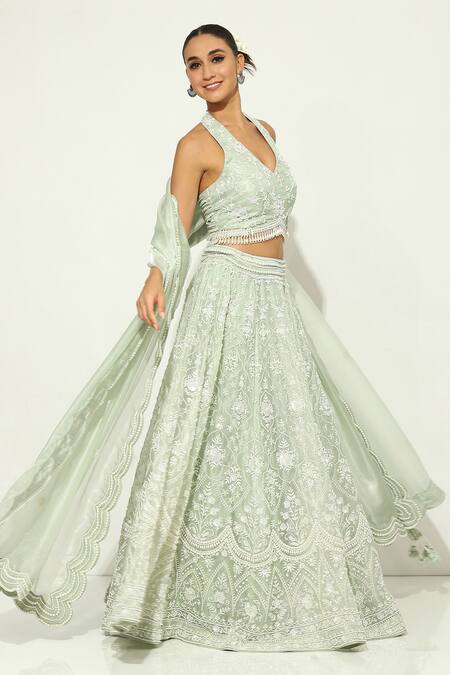Buy Vandana Sethi Green Organza Pearls Halter Neck Persian Fleur Embroidered Lehenga Set Online at Aza Fashions Buy_Vandana Sethi_Green Organza Pearls Halter Neck Persian Fleur Embroidered Lehenga Set _Online_at_Aza_Fashions