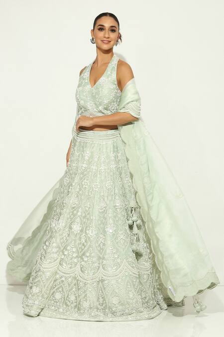 Vandana Sethi Green Organza Pearls Halter Neck Persian Fleur Embroidered Lehenga Set at Aza Fashions Vandana Sethi_Green Organza Pearls Halter Neck Persian Fleur Embroidered Lehenga Set _at_Aza_Fashions