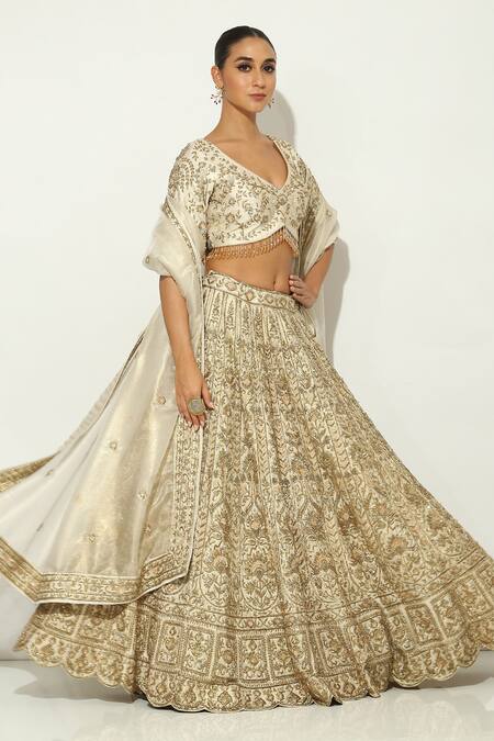 Buy Vandana Sethi Ivory Silk Tassels, Beads, Embroidery Bandeau Gul Zardozi Bridal Lehenga Set Online at Aza Fashions Buy_Vandana Sethi_Ivory Silk Tassels, Beads, Embroidery Bandeau Gul Zardozi Bridal Lehenga Set _Online_at_Aza_Fashions