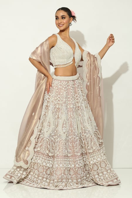 Buy_Vandana Sethi_Purple Silk , Pearls Bahar Embroidered Bridal Lehenga Set _Online_at_Aza_Fashions