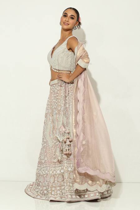 Vandana Sethi_Purple Silk , Pearls Bahar Embroidered Bridal Lehenga Set _at_Aza_Fashions