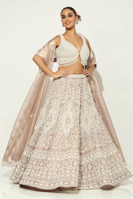 Buy_Vandana Sethi_Purple Silk , Pearls Bahar Embroidered Bridal Lehenga Set 