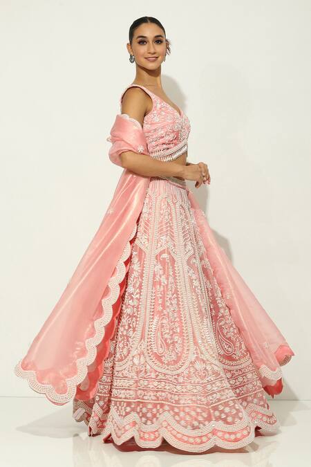 Buy Vandana Sethi Pink Organza Pearls Mughal Bahar Embroidered Bridal Lehenga Set Online at Aza Fashions Buy_Vandana Sethi_Pink Organza Pearls Mughal Bahar Embroidered Bridal Lehenga Set _Online_at_Aza_Fashions
