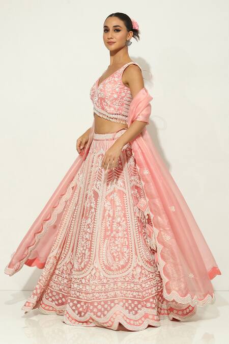 Vandana Sethi Pink Organza Pearls Mughal Bahar Embroidered Bridal Lehenga Set at Aza Fashions Vandana Sethi_Pink Organza Pearls Mughal Bahar Embroidered Bridal Lehenga Set _at_Aza_Fashions