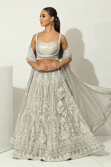 Buy Vandana Sethi Grey Silk , Pearls French Bloom Embroidered Bridal Lehenga Set Online at Aza Fashions Buy_Vandana Sethi_Grey Silk , Pearls French Bloom Embroidered Bridal Lehenga Set _Online_at_Aza_Fashions