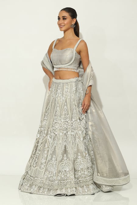 Vandana Sethi Grey Silk , Pearls French Bloom Embroidered Bridal Lehenga Set at Aza Fashions Vandana Sethi_Grey Silk , Pearls French Bloom Embroidered Bridal Lehenga Set _at_Aza_Fashions