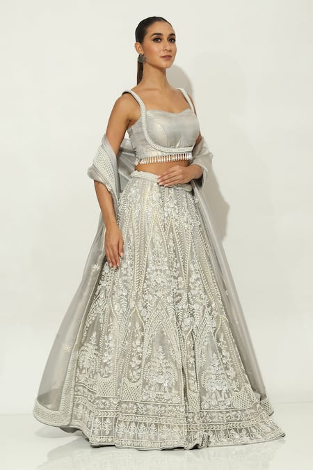 Buy Vandana Sethi Grey Silk , Pearls French Bloom Embroidered Bridal Lehenga Set Buy_Vandana Sethi_Grey Silk , Pearls French Bloom Embroidered Bridal Lehenga Set