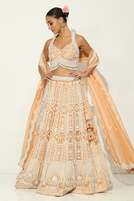 Vandana Sethi Peach Organza Pearls Halter Neck Mughal Shamiyana Embroidered Bridal Lehenga Set 