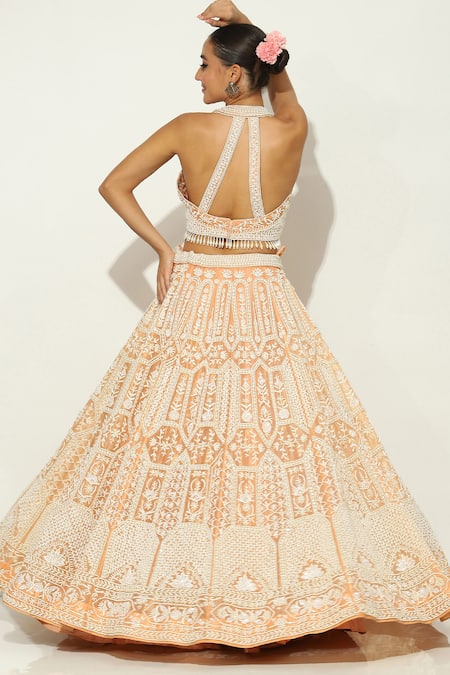 Vandana Sethi Peach Organza Pearls Halter Neck Mughal Shamiyana Embroidered Bridal Lehenga Set Online at Aza Fashions Vandana Sethi_Peach Organza Pearls Halter Neck Mughal Shamiyana Embroidered Bridal Lehenga Set _Online_at_Aza_Fashions