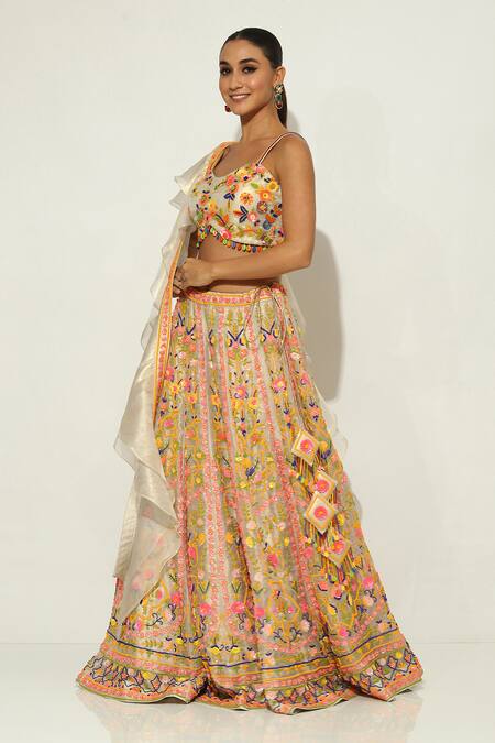 Vandana Sethi Multi Color Organza Sequins, Beads, Embroidery Scoop Gullista Bloom Lehenga Set at Aza Fashions Vandana Sethi_Multi Color Organza Sequins, Beads, Embroidery Scoop Gullista Bloom Lehenga Set _at_Aza_Fashions