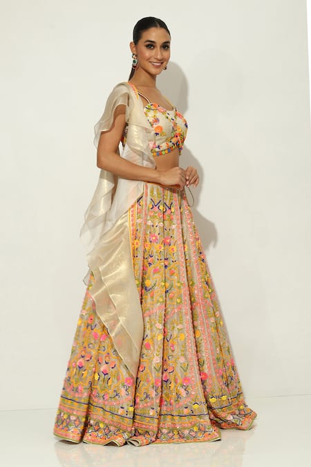 Buy Vandana Sethi Multi Color Organza Sequins, Beads, Embroidery Scoop Gullista Bloom Lehenga Set Buy_Vandana Sethi_Multi Color Organza Sequins, Beads, Embroidery Scoop Gullista Bloom Lehenga Set