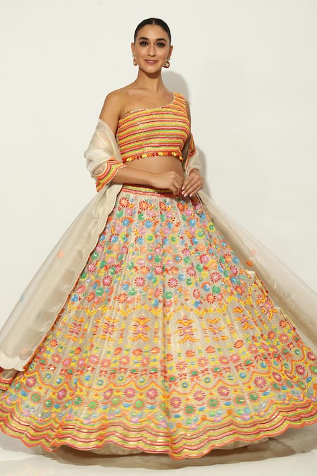 Vandana Sethi Ivory Silk , Sequins, Beads Phool Bazaar Embroidered Lehenga Set 