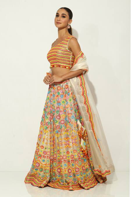 Buy Vandana Sethi Ivory Silk , Sequins, Beads Phool Bazaar Embroidered Lehenga Set Buy_Vandana Sethi_Ivory Silk , Sequins, Beads Phool Bazaar Embroidered Lehenga Set