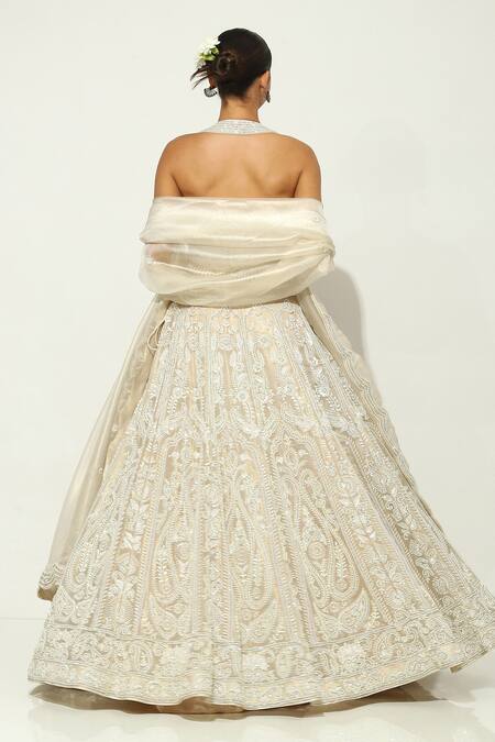 Buy Vandana Sethi Beige Organza Pearls Halter Neck Gulshan Bagh Embroidered Bridal Lehenga Set Online at Aza Fashions Buy_Vandana Sethi_Beige Organza Pearls Halter Neck Gulshan Bagh Embroidered Bridal Lehenga Set _Online_at_Aza_Fashions