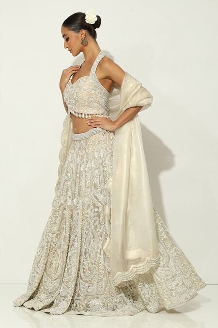 Vandana Sethi Beige Organza Pearls Halter Neck Gulshan Bagh Embroidered Bridal Lehenga Set at Aza Fashions Vandana Sethi_Beige Organza Pearls Halter Neck Gulshan Bagh Embroidered Bridal Lehenga Set _at_Aza_Fashions