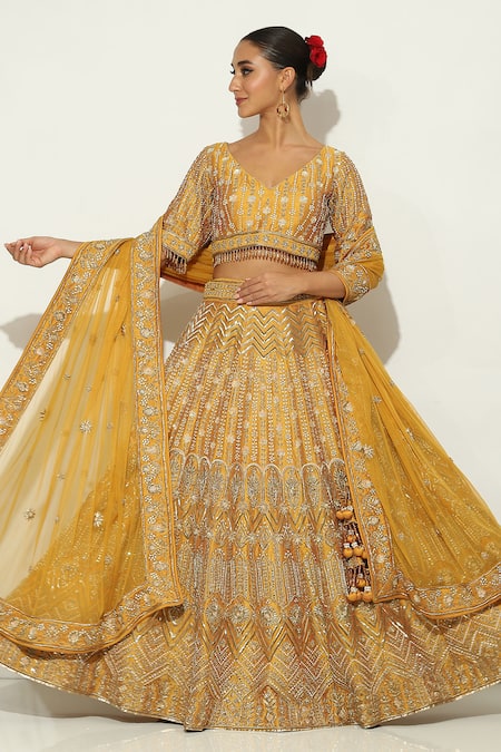 Vandana Sethi Yellow Dupion Silk Embroidered Zardosi V Neck Lehenga Set 