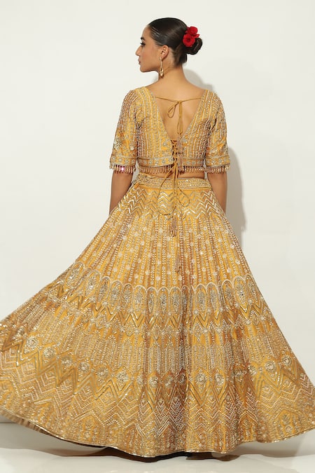 Vandana Sethi Yellow Silk Pearls, Zari V-neck Zardosi Embroidered Lehenga Set Online at Aza Fashions Vandana Sethi_Yellow Silk Pearls, Zari V-neck Zardosi Embroidered Lehenga Set _Online_at_Aza_Fashions