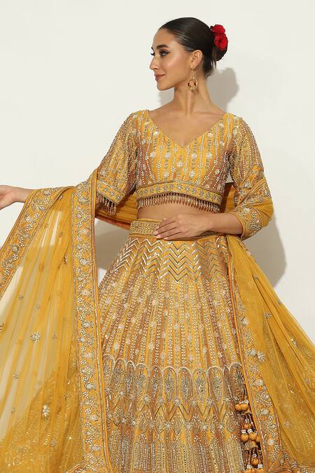 Buy Vandana Sethi Yellow Silk Pearls, Zari V-neck Zardosi Embroidered Lehenga Set Online at Aza Fashions Buy_Vandana Sethi_Yellow Silk Pearls, Zari V-neck Zardosi Embroidered Lehenga Set _Online_at_Aza_Fashions