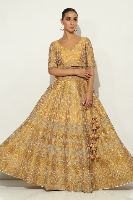 Shop Vandana Sethi Yellow Silk Pearls, Zari V-neck Zardosi Embroidered Lehenga Set Online at Aza Fashions Shop_Vandana Sethi_Yellow Silk Pearls, Zari V-neck Zardosi Embroidered Lehenga Set _Online_at_Aza_Fashions