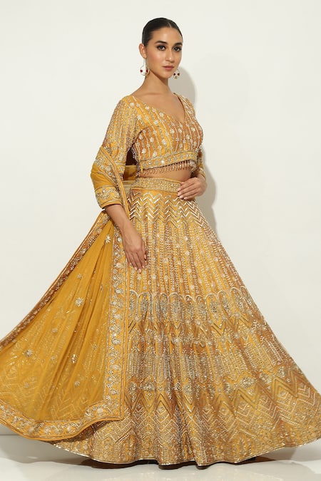Vandana Sethi Yellow Silk Pearls, Zari V-neck Zardosi Embroidered Lehenga Set at Aza Fashions Vandana Sethi_Yellow Silk Pearls, Zari V-neck Zardosi Embroidered Lehenga Set _at_Aza_Fashions