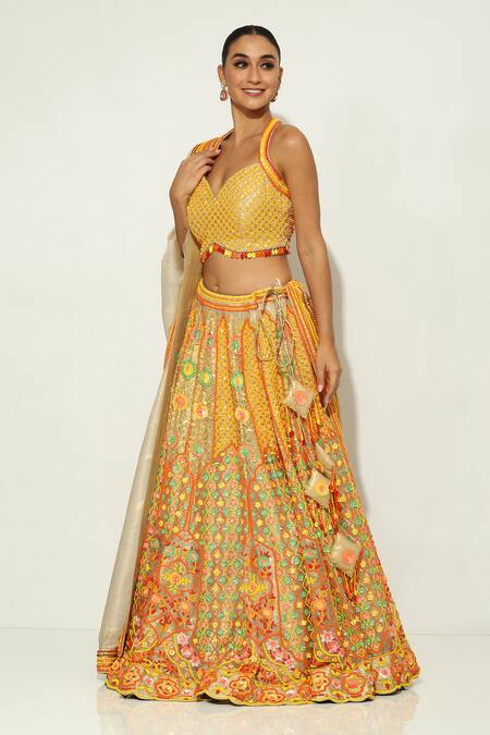 Shop Vandana Sethi Multi Color Organza Sequins, Beads, Embroidery Sweetheart Shimmer Lehenga Set Online at Aza Fashions Shop_Vandana Sethi_Multi Color Organza Sequins, Beads, Embroidery Sweetheart Shimmer Lehenga Set _Online_at_Aza_Fashions