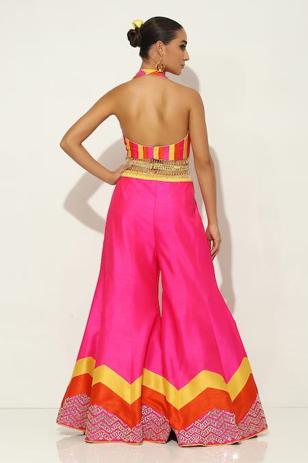 Vandana Sethi Fuchsia Silk Mirrors, Embroidery, Tassels V-neck Blouse Sharara Set Online at Aza Fashions Vandana Sethi_Fuchsia Silk Mirrors, Embroidery, Tassels V-neck Blouse Sharara Set _Online_at_Aza_Fashions