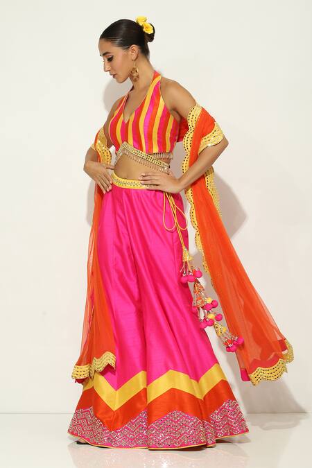 Shop Vandana Sethi Fuchsia Silk Mirrors, Embroidery, Tassels V-neck Blouse Sharara Set Online at Aza Fashions Shop_Vandana Sethi_Fuchsia Silk Mirrors, Embroidery, Tassels V-neck Blouse Sharara Set _Online_at_Aza_Fashions