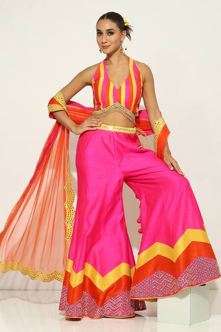 Buy Vandana Sethi Fuchsia Silk Mirrors, Embroidery, Tassels V-neck Blouse Sharara Set Buy_Vandana Sethi_Fuchsia Silk Mirrors, Embroidery, Tassels V-neck Blouse Sharara Set