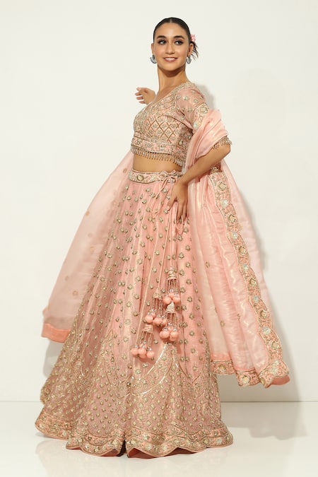 Buy Vandana Sethi Pink Organza Zari, Tassels Asymmetric Zardosi Work Lehenga Set Online at Aza Fashions Buy_Vandana Sethi_Pink Organza Zari, Tassels Asymmetric Zardosi Work Lehenga Set _Online_at_Aza_Fashions