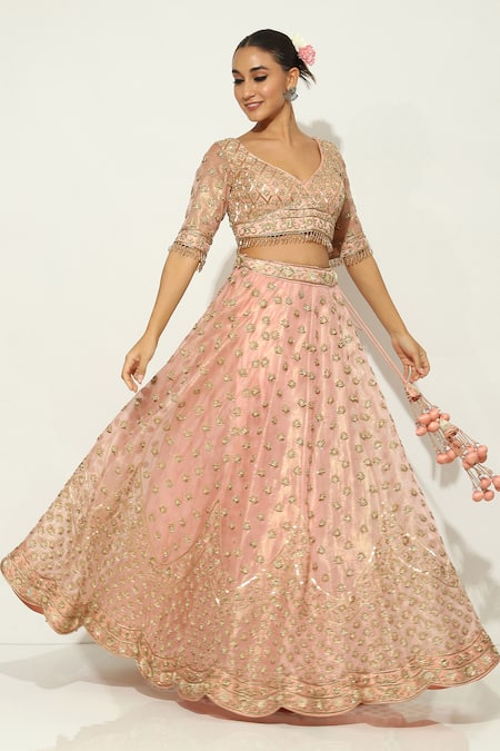 Shop Vandana Sethi Pink Organza Zari, Tassels Asymmetric Zardosi Work Lehenga Set Online at Aza Fashions Shop_Vandana Sethi_Pink Organza Zari, Tassels Asymmetric Zardosi Work Lehenga Set _Online_at_Aza_Fashions
