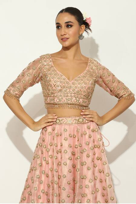 Vandana Sethi Pink Organza Zari, Tassels Asymmetric Zardosi Work Lehenga Set at Aza Fashions Vandana Sethi_Pink Organza Zari, Tassels Asymmetric Zardosi Work Lehenga Set _at_Aza_Fashions