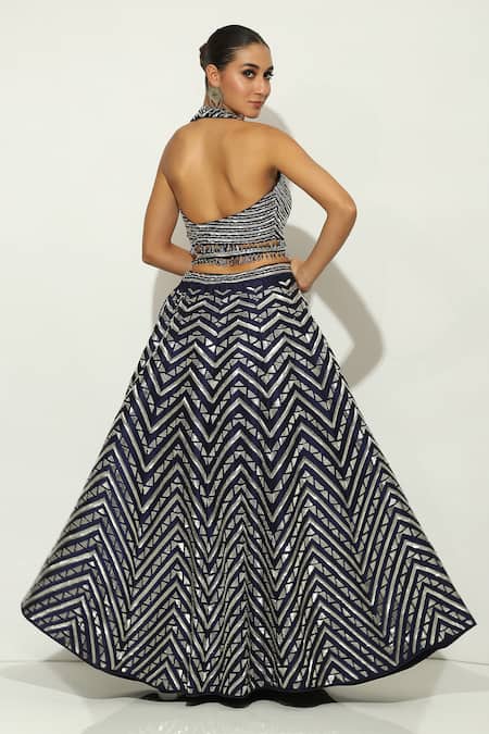 Vandana Sethi Blue Silk, Chiffon Embroidery V-neck Pipe Work Lehenga Set Online at Aza Fashions Vandana Sethi_Blue Silk, Chiffon Embroidery V-neck Pipe Work Lehenga Set _Online_at_Aza_Fashions