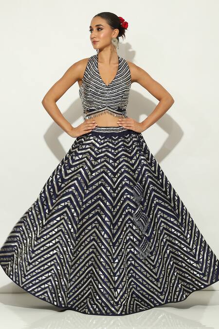 Buy Vandana Sethi Blue Silk, Chiffon Embroidery V-neck Pipe Work Lehenga Set Online at Aza Fashions Buy_Vandana Sethi_Blue Silk, Chiffon Embroidery V-neck Pipe Work Lehenga Set _Online_at_Aza_Fashions