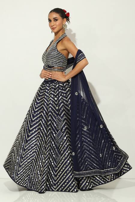 Shop Vandana Sethi Blue Silk, Chiffon Embroidery V-neck Pipe Work Lehenga Set Online at Aza Fashions Shop_Vandana Sethi_Blue Silk, Chiffon Embroidery V-neck Pipe Work Lehenga Set _Online_at_Aza_Fashions