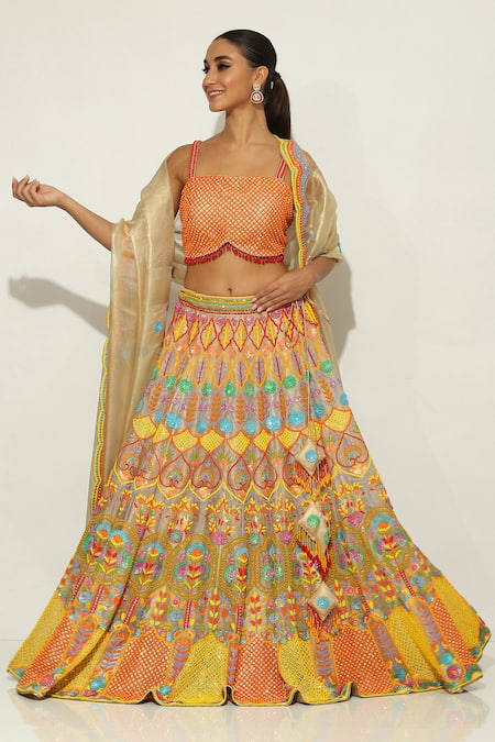 Vandana Sethi Multi Color Shimmer Organza Embroidered Floral Square Lehenga Set 