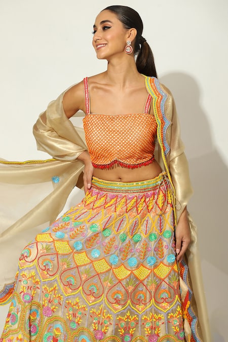 Buy_Vandana Sethi_Multi Color , Silk Sequins, Beads, Embroidery Floral Lehenga Set _Online_at_Aza_Fashions